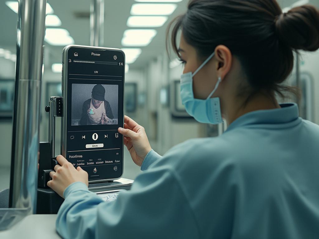 Woman wearing a mask operating a touch screen device showing a video in a modern, well-lit room.