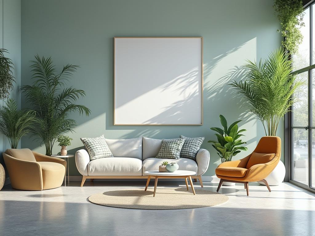 Sala moderna con sillones contemporáneos, plantas decorativas y un gran cuadro en blanco sobre la pared verde, iluminado por luz natural.