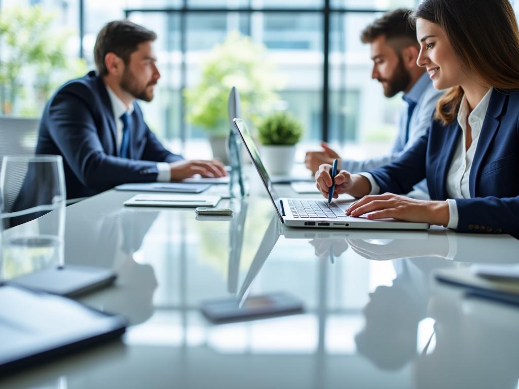 Personas trabajando en equipo en una oficina moderna, usando portátiles y discutiendo ideas.