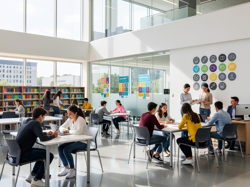 Estudiantes colaborando en una biblioteca universitaria moderna con mesas de estudio, estanterías de libros, computadoras y grandes ventanales