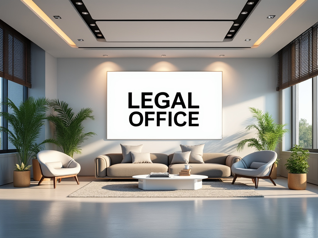 Oficina legal moderna con sofás, plantas y gran cartel luminoso en pared.