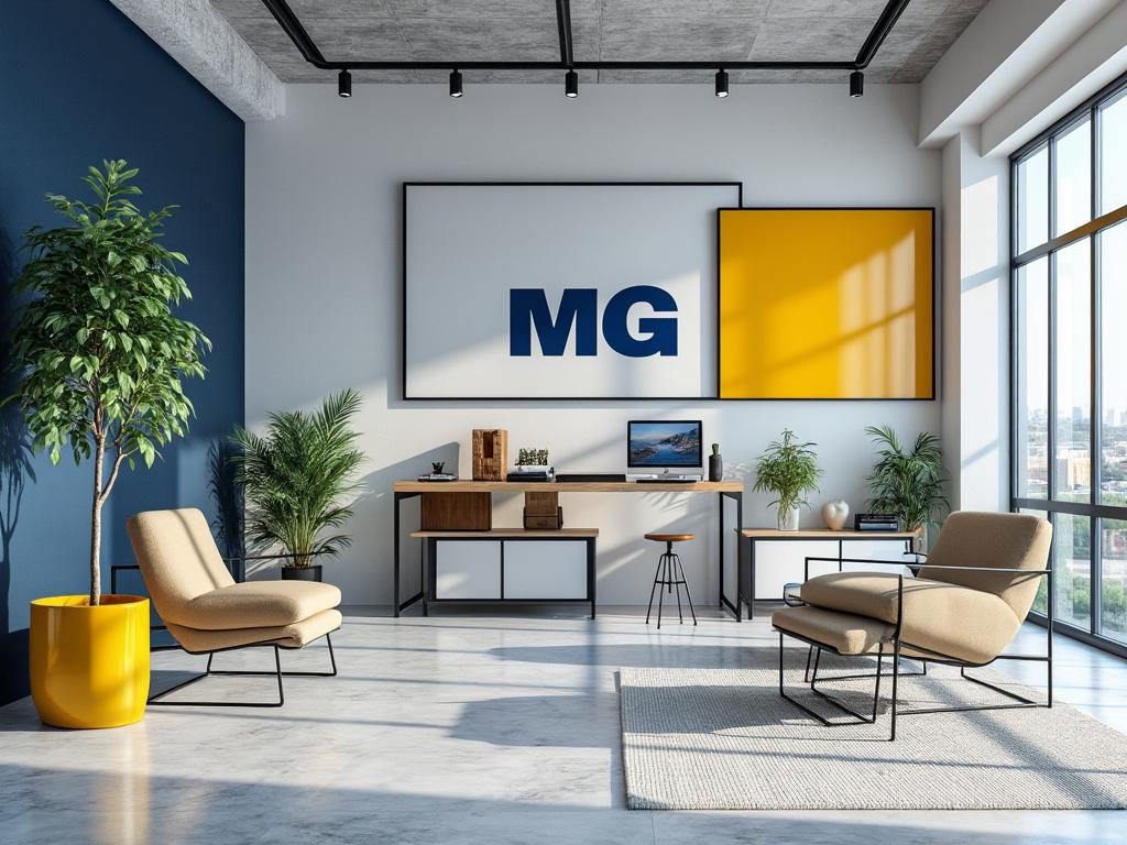 Oficina moderna con decoración minimalista, sillones beige, escritorio con computadora, plantas verdes y cuadros en la pared azul.