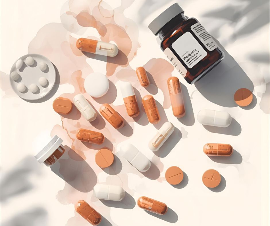 Botellas de vidrio en una mesa de laboratorio moderno con fondo desenfocado de estantes y cajas.